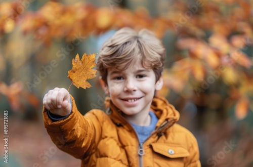 Boy Holding Leaf in Autumn Forest