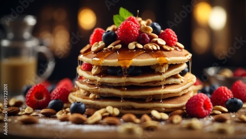 Delectable breakfast delight pancakes adorned with a variety of nuts and berries.