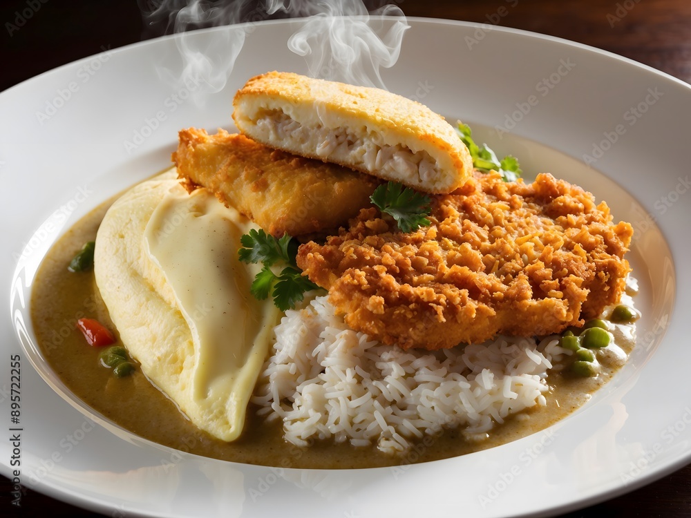 Crispy Fried Chicken or Pork Tonkatsu Cutlet with Japanese Curry and Rice. Ai Generative. Crispy Fried Chicken or Pork Tonkatsu Cutlet with Japanese Curry and Rice. Ai Generative.