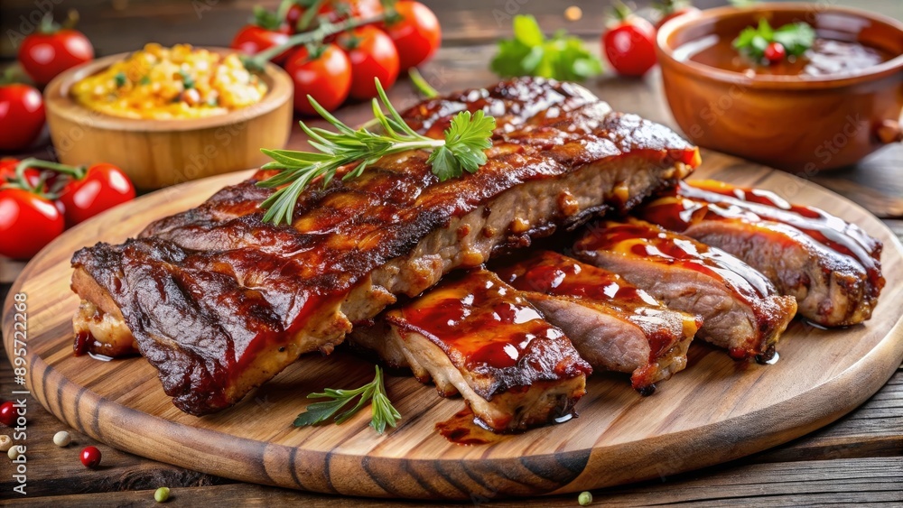 Costillas BBQ glaseadas servidas con tomate y salsa en una tabla de madera. Cocina estadounidense clásica y sabrosa. Costillas BBQ glaseadas servidas con tomate y salsa en una tabla de madera. Cocina estadounidense clásica y sabrosa.