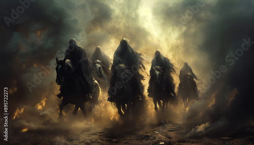 Tenebrist recreation of riders with robes riding horses