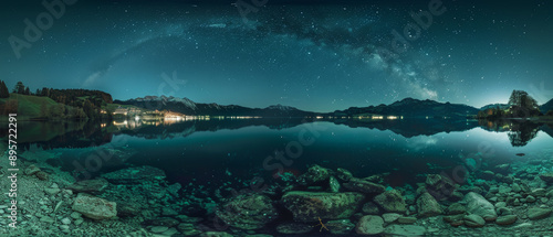 A peaceful and magnificent lake reflecting the star-filled sky above. photo