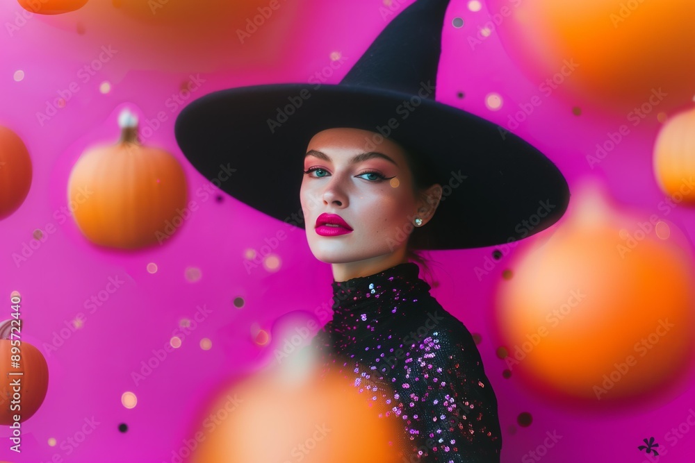 dynamic and playful scene featuring a portrait of a woman in a black witch glitter costume and pointy hat and several pumpkins flying around against a bright purple wall for Halloween dynamic and playful scene featuring a portrait of a woman in a black witch glitter costume and pointy hat and several pumpkins flying around against a bright purple wall for Halloween