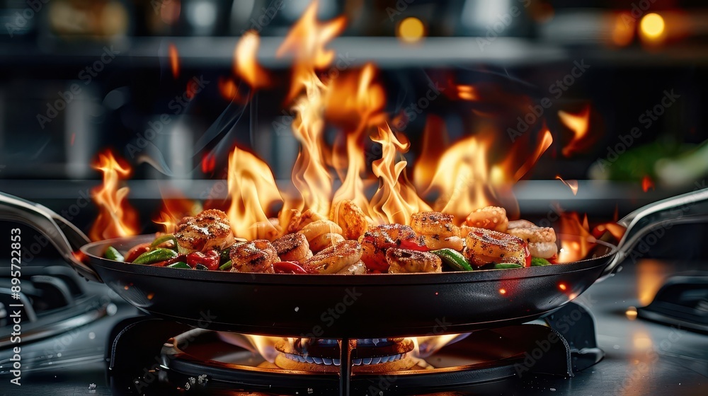 Professional chef flambeing food in a highend restaurant kitchen, dynamic action shot with flames leaping from the pan Professional chef flambeing food in a highend restaurant kitchen, dynamic action shot with flames leaping from the pan
