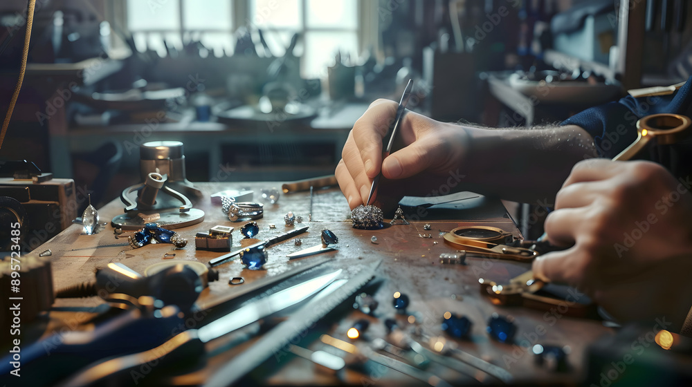 A master jeweler skillfully setting gems into a jewelry piece, with a focus on a sapphire diamond ring amidst a workshop laden with professional tools A master jeweler skillfully setting gems into a jewelry piece, with a focus on a sapphire diamond ring amidst a workshop laden with professional tools