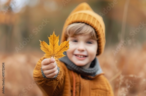 Boy Holding Leaf in Autumn Forest