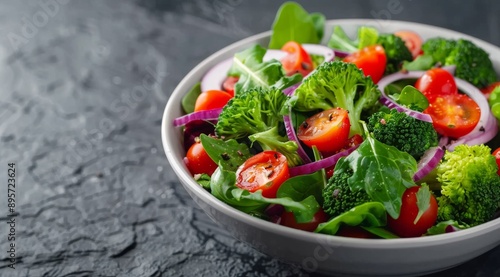 Broccoli, Tomato, and Onion Salad in White Bowl
