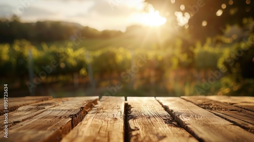 rustic wooden table in foreground blurred french vineyard landscape golden hour lighting wine tasting ambiance photo