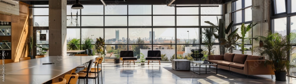 Fototapeta premium Modern open office space with large windows, natural light, greenery, and comfortable seating creating a welcoming and productive environment.