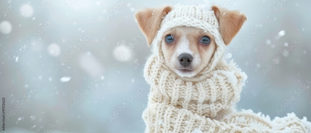 A small dog is wearing a white knit hat and scarf A small dog is wearing a white knit hat and scarf