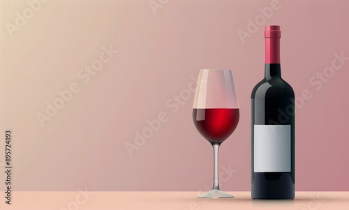 Wine Bottle and Glass on Colored Background
