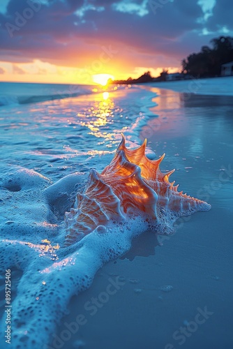 Seashell with pearl catching the golden light of sunset found on the serene shoreline