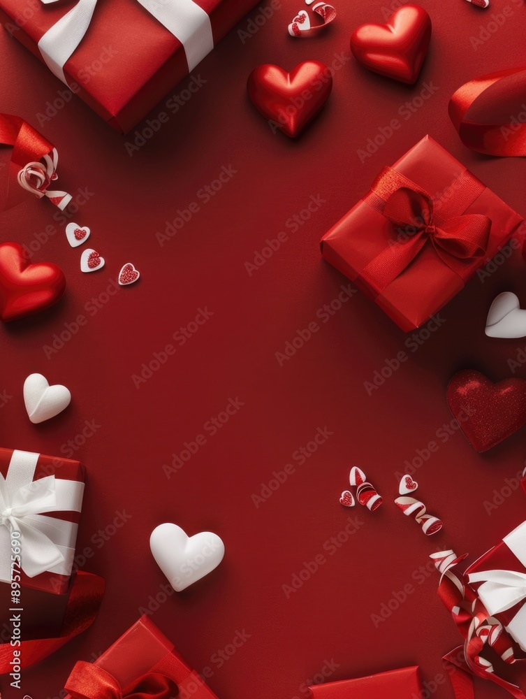 A bundle of gifts wrapped in red paper with white ribbons on a bright red background A bundle of gifts wrapped in red paper with white ribbons on a bright red background