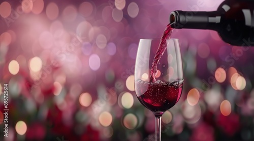Red Wine Pouring Into Glass Against Pink Bokeh