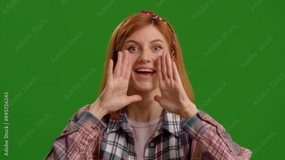 Woman smiling scream and shout calling inviting with hands at mouth say hey you isolated on green screen background. Woman smiling scream and shout calling inviting with hands at mouth say hey you isolated on green screen background.