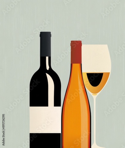 Wine Bottles and Glass on Grey Background
