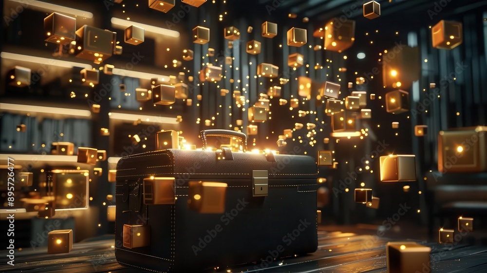 Obraz premium Black briefcase overflowing with golden data cubes,