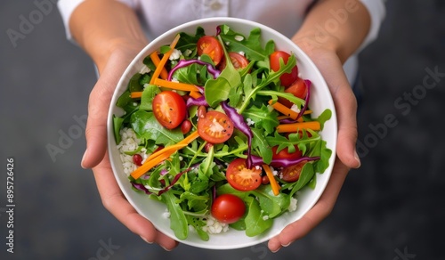 Hands Holding Bowl of Fresh Salad
