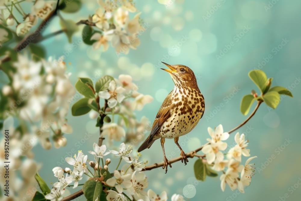 A charming scene of a song thrush singing from the top of a flowering tree. A charming scene of a song thrush singing from the top of a flowering tree.