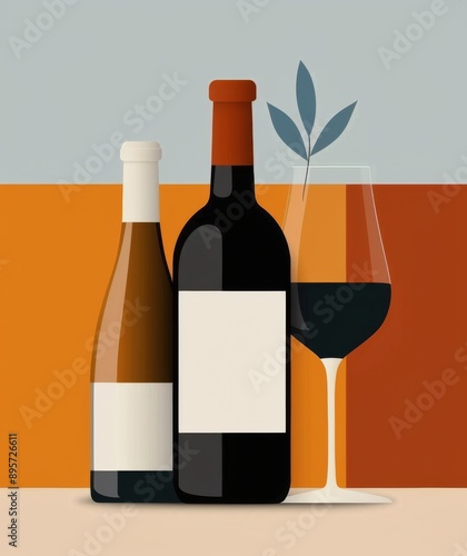 Wine Bottles and Glass on Grey Background