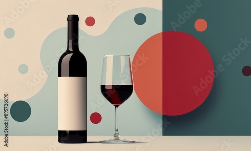 Wine Bottle and Glass on Colored Background