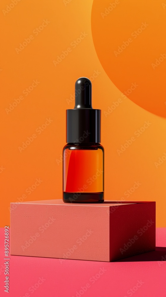 A bottle of oil is sitting on a red block A bottle of oil is sitting on a red block