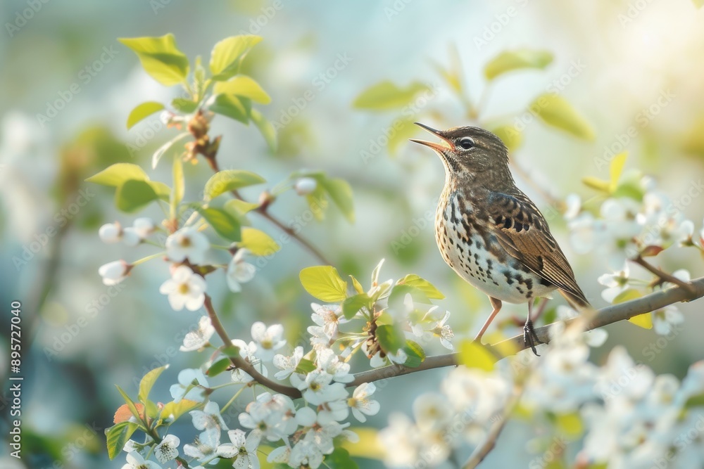 A charming scene of a song thrush singing from the top of a flowering tree. A charming scene of a song thrush singing from the top of a flowering tree.