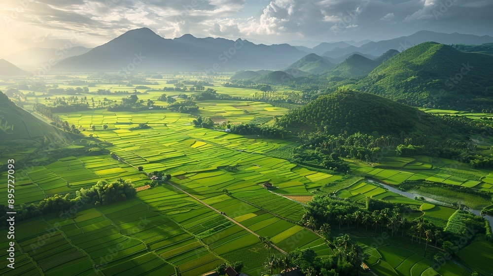 Fototapeta premium Aerial view of rice fields and green land with mountains in the background