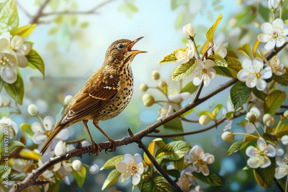 A charming scene of a song thrush singing from the top of a flowering tree. A charming scene of a song thrush singing from the top of a flowering tree.