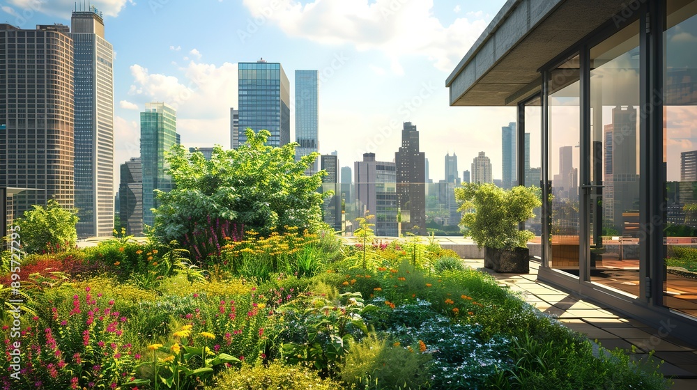 Roof garden, view of tall buildings in the big city and green roof garden Roof garden, view of tall buildings in the big city and green roof garden