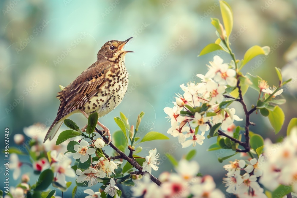 A charming scene of a song thrush singing from the top of a flowering tree. A charming scene of a song thrush singing from the top of a flowering tree.