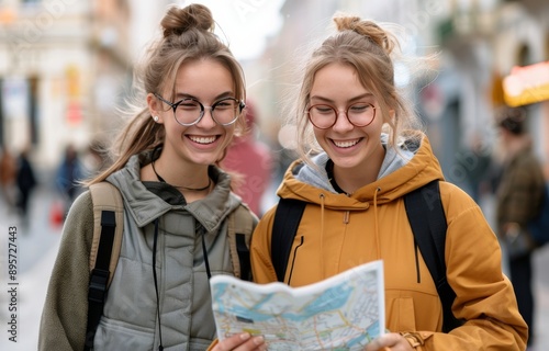Two Women Looking At Map In City