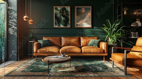Fototapeta Naklejka Na Ścianę i Meble -  A living room with a couch, chair, and rug. Dark green walls and brown leather furniture, modern interior 