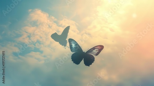 surreal butterfly casting bird shadow dreamlike sky background metaphorical imagery soft pastel colors inspirational concept photo