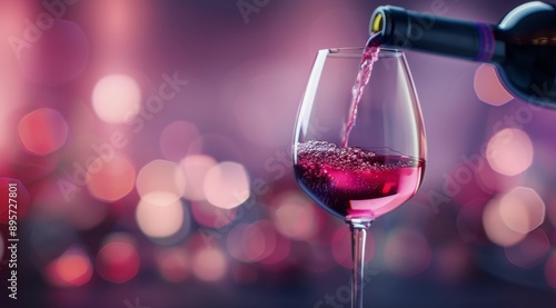 Red Wine Pouring Into Glass Against Bokeh Background