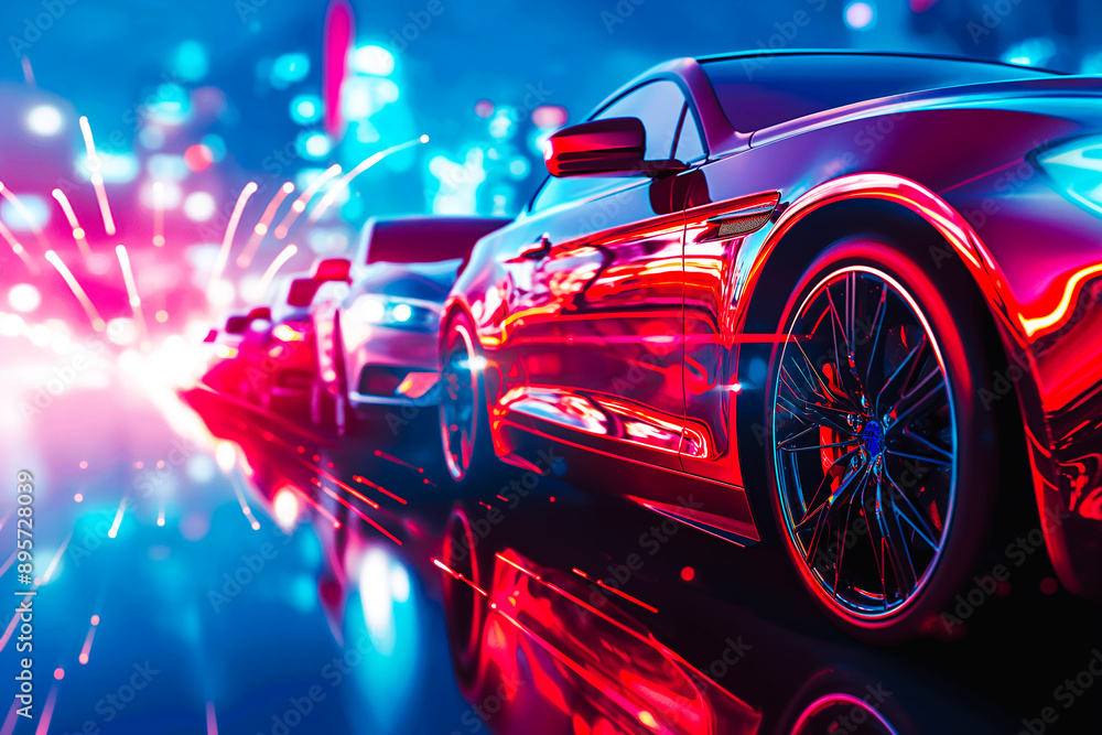 a graphic representation of a modern car. Its aerodynamic design is combined with bright colors and a shiny surface. a graphic representation of a modern car. Its aerodynamic design is combined with bright colors and a shiny surface.