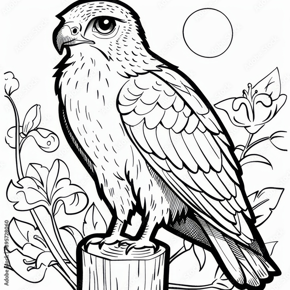 Black and white illustration of a hawk perched on a stump, designed for a children's coloring page. Black and white illustration of a hawk perched on a stump, designed for a children's coloring page.