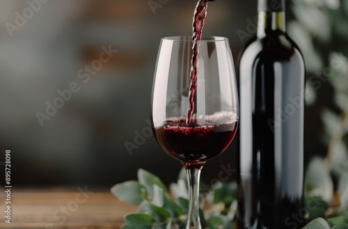 Red Wine Pouring Into Glass on Wooden Table