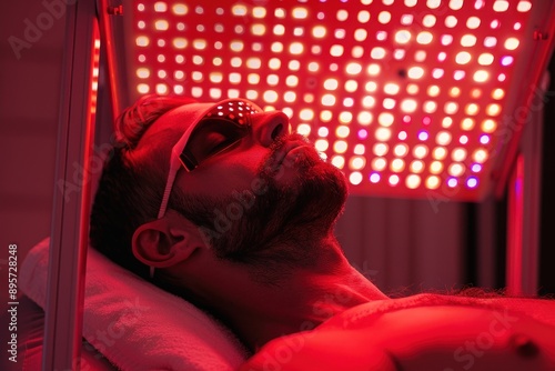 A man using a LED red light therapy panel for muscle recovery, focused and calm, athletic setting, Portrait half-body, hyper-realistic, high detail, photorealistic, Key Light, Fill Light