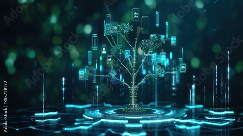 futuristic visualization of budget management as a holographic tree, with each branch representing a different financial division, growing or shrinking based on performance
