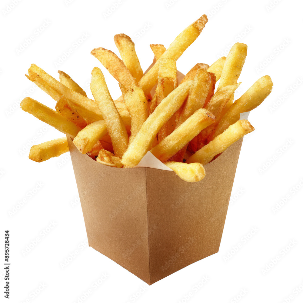 Serving of crispy golden French fries in brown paper container isolated on transparent background. Fast food concept Serving of crispy golden French fries in brown paper container isolated on transparent background. Fast food concept