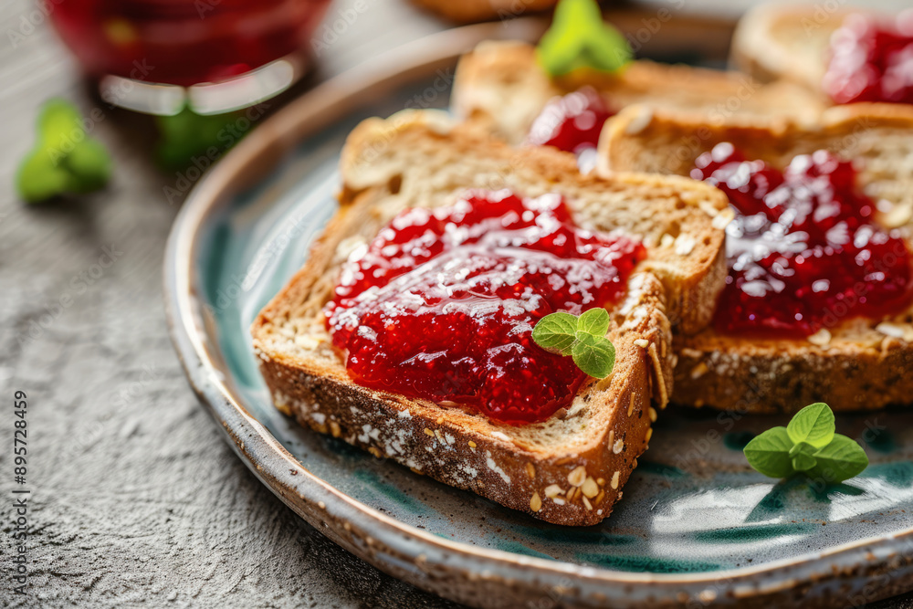 Close-up of whole grain toast topped with strawberry jam served on a ceramic plate. Delicious classic breakfast Close-up of whole grain toast topped with strawberry jam served on a ceramic plate. Delicious classic breakfast