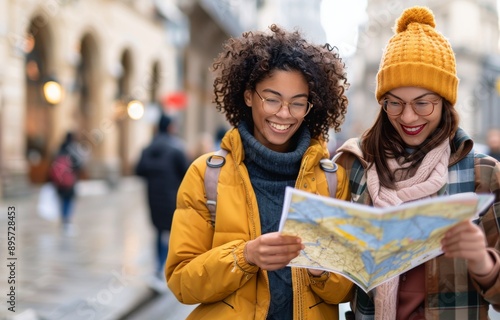 Two Friends Looking At Map In City