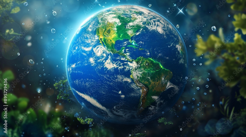 A detailed illustration of Earth with vibrant blue oceans and green continents, surrounded by sparkling water droplets and natural elements. A detailed illustration of Earth with vibrant blue oceans and green continents, surrounded by sparkling water droplets and natural elements.