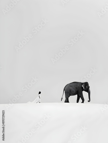 A solitary woman in a flowing white dress walks behind a lone black elephant across an expansive, snowy landscape under a minimalist, gray sky. The scene emphasizes solitude and contrast.