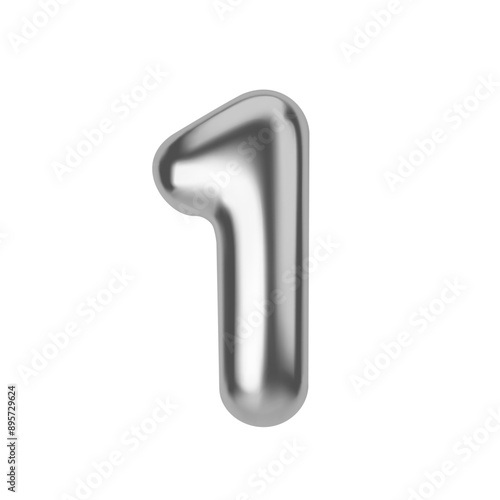 Silver number 1. Foil and latex balloon number One in 3d style. Realistic design elements isolated on white background. Vector illustration