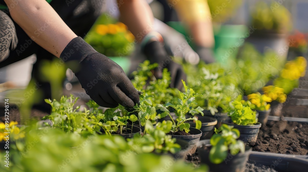 urban rooftop garden with diverse vegetables and flowers young volunteers planting seedlings promoting sustainable living and community engagement urban rooftop garden with diverse vegetables and flowers young volunteers planting seedlings promoting sustainable living and community engagement
