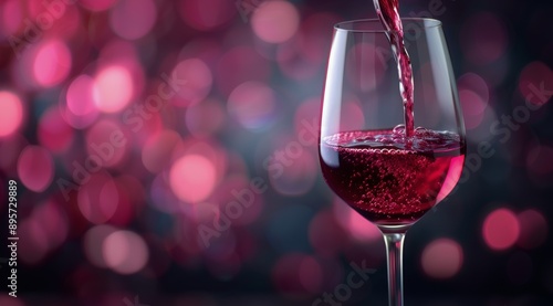 Red Wine Pouring Into Glass Against Bokeh Background