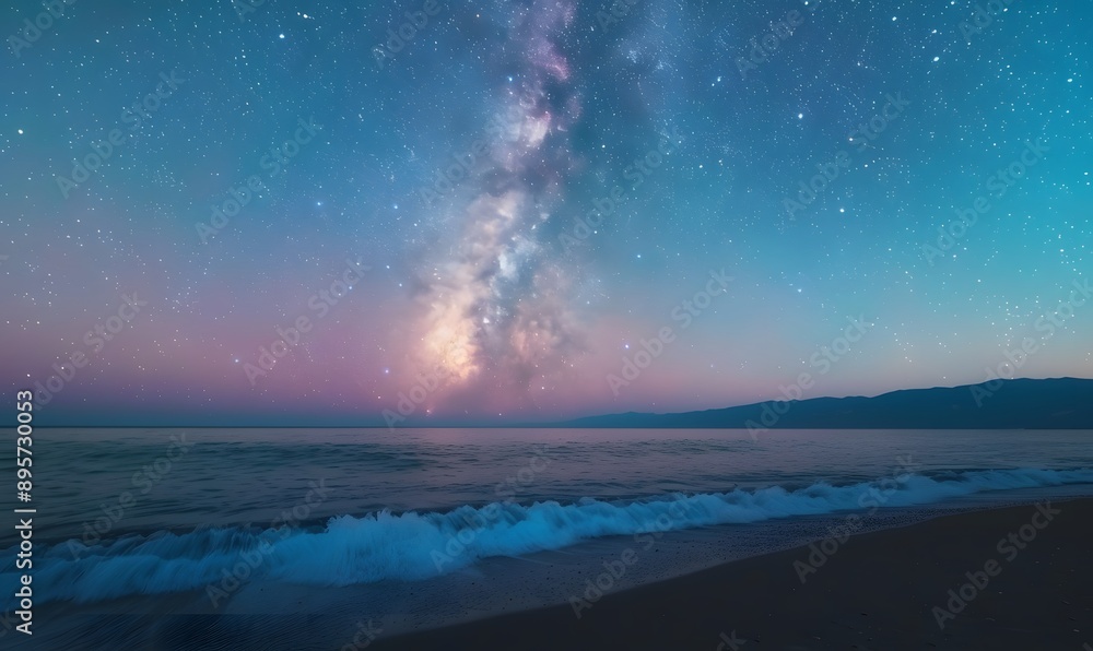 Beach with waves of stars and cosmic dust, Generative AI Beach with waves of stars and cosmic dust, Generative AI