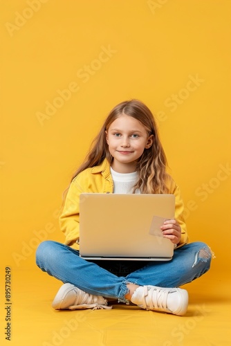 A Full body portrait of adorable girl sit crossed